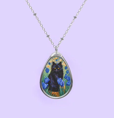 Cute Black Cat Among Irises, Cat Jewelry Oval Necklace