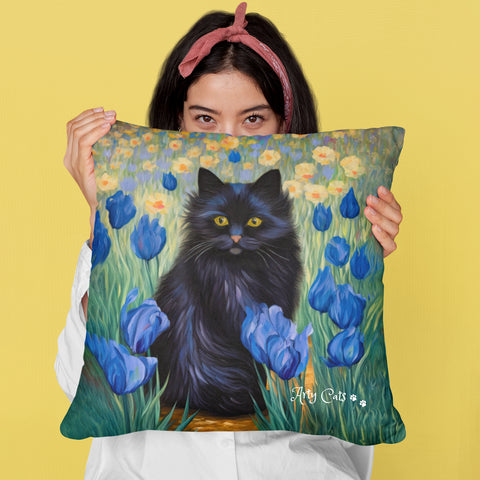 Cute Black Cat Among Irises, Art Print Cushion Pillow