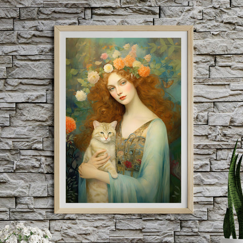 Blooming Serenity, Woman and The Cat Painting, Unframed Printed Art Poster