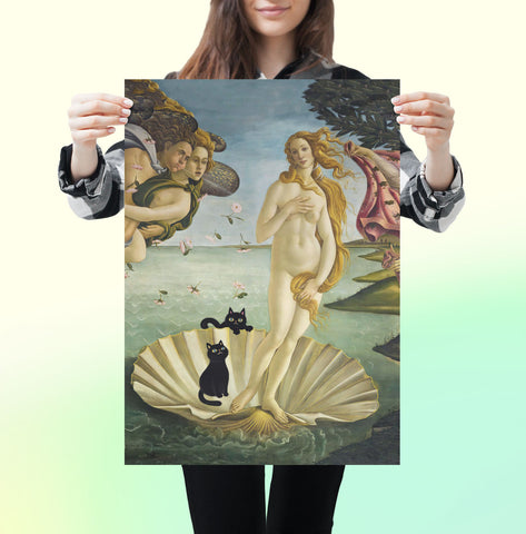 The Birth of Venus with two Black Cats, Botticelli Unframed Satin Art Poster