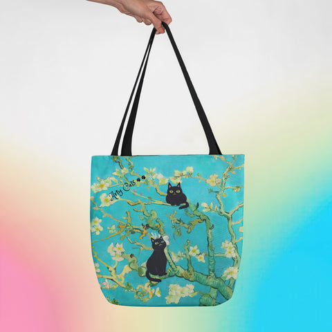 Van Gogh Almond Blossoms With Two Black Cats, Designer Tote Bag