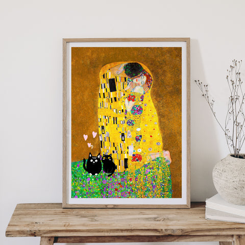 Gustav Klimt The Kiss, Love Cats Print, Unframed Printed Satin Poster