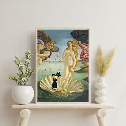 The Birth of Venus with two Black Cats, Botticelli Unframed Satin Art Poster