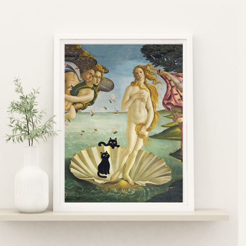 The Birth of Venus with two Black Cats, Botticelli Unframed Satin Art Poster