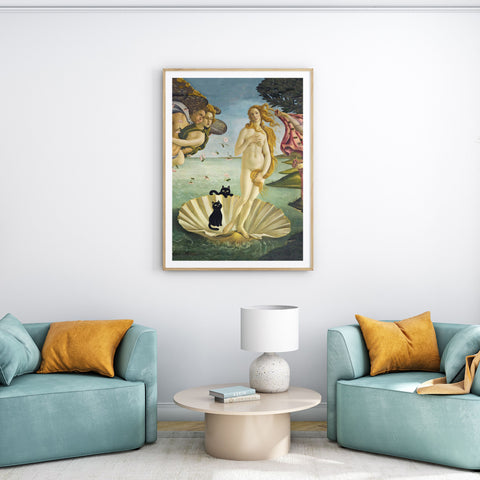 The Birth of Venus with two Black Cats, Botticelli Unframed Satin Art Poster