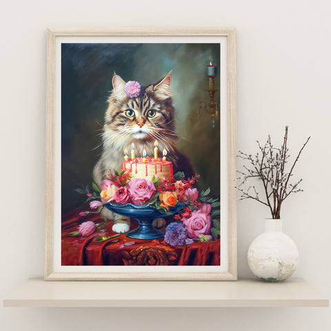 The Birthday Cat, Cat Art Print, Unframed Satin Poster