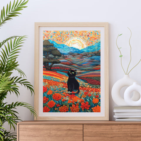 Joyful Cat in the Wonderful Flower Valley, Cute Black Cat Art, Unframed Satin Poster