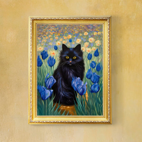 The Cute Black Cat Among Irises, Cat Art Unframed Satin Poster