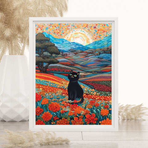 Joyful Cat in the Wonderful Flower Valley, Cute Black Cat Art, Unframed Satin Poster