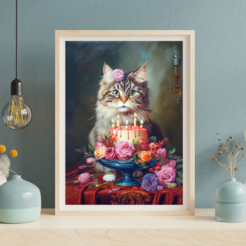 The Birthday Cat, Cat Art Print, Unframed Satin Poster