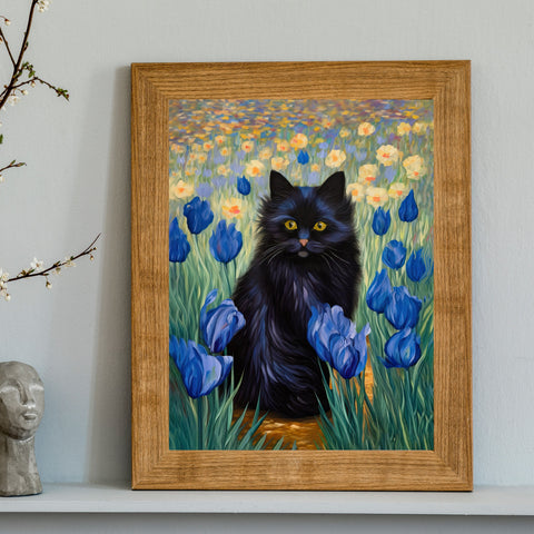 The Cute Black Cat Among Irises, Cat Art Unframed Satin Poster