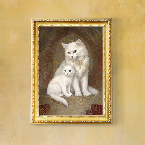 Mom Cat and her Kitten, White Cats Art Poster, Unframed Printed Satin Poster