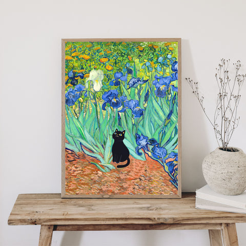 Van Gogh Irises with Cute Black Cat, Printed Satin Poster