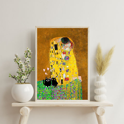 Gustav Klimt The Kiss, Love Cats Print, Unframed Printed Satin Poster