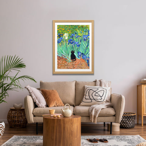 Van Gogh Irises with Cute Black Cat, Printed Satin Poster