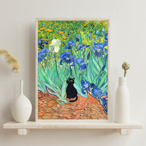 Van Gogh Irises with Cute Black Cat, Printed Satin Poster