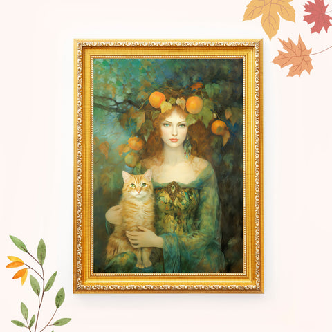 Autumn's Splendor, Lady With Her Cat, Unframed Art Poster