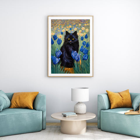 The Cute Black Cat Among Irises, Cat Art Unframed Satin Poster