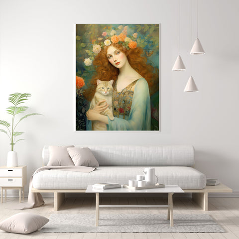 Blooming Serenity, Woman and The Cat Painting, Canvas Gallery Wraps