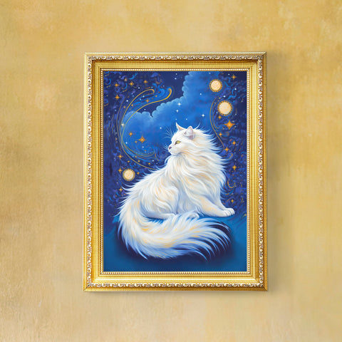 Celestial Cat at Midnight with a Starry Sky, Unframed Printed Satin Poster