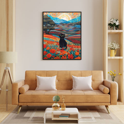 Joyful Cat in the Wonderful Flower Valley, Cute Black Cat Art, Unframed Satin Poster