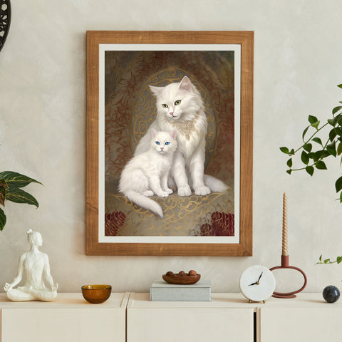 Mom Cat and her Kitten, White Cats Art Poster, Unframed Printed Satin Poster