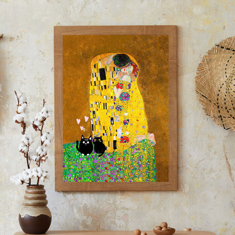 Gustav Klimt The Kiss, Love Cats Print, Unframed Printed Satin Poster