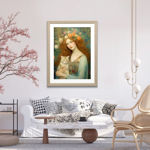 Blooming Serenity, Woman and The Cat Painting, Unframed Printed Art Poster