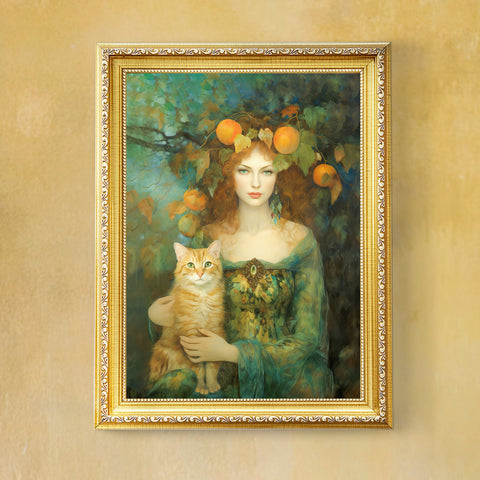 Autumn's Splendor, Lady With Her Cat, Unframed Art Poster