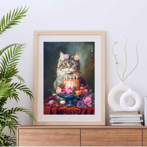 The Birthday Cat, Cat Art Print, Unframed Satin Poster