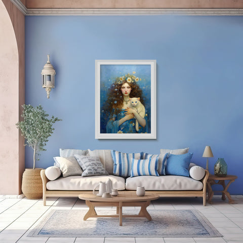 Serenity of the Sea, Sea Goddess and her Cat, Unframed Printed Satin Poster