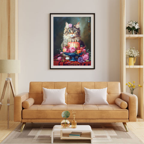 The Birthday Cat, Cat Art Print, Unframed Satin Poster