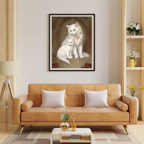 Mom Cat and her Kitten, White Cats Art Poster, Unframed Printed Satin Poster