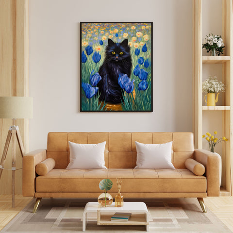 The Cute Black Cat Among Irises, Cat Art Unframed Satin Poster