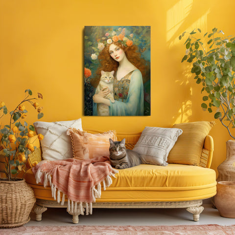 Blooming Serenity, Woman and The Cat Painting, Canvas Gallery Wraps