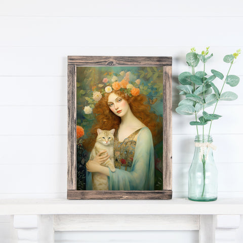 Blooming Serenity, Woman and The Cat Painting, Unframed Printed Art Poster