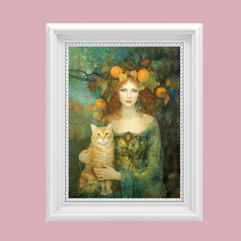 Autumn's Splendor, Lady With Her Cat, Unframed Art Poster