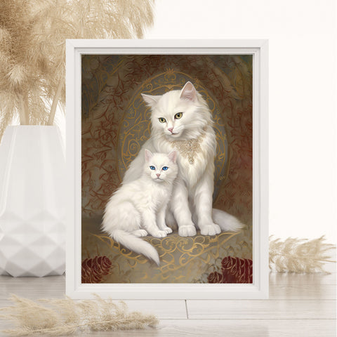 Mom Cat and her Kitten, White Cats Art Poster, Unframed Printed Satin Poster