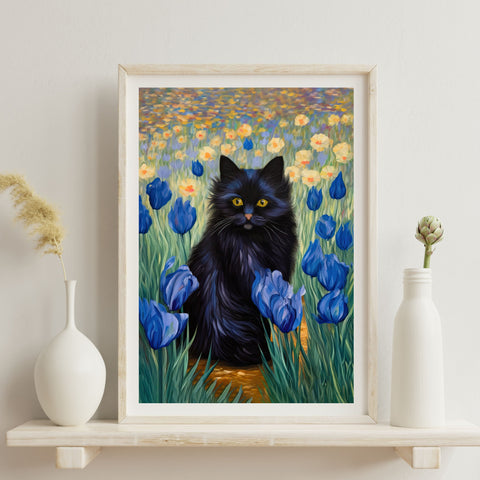 The Cute Black Cat Among Irises, Cat Art Unframed Satin Poster