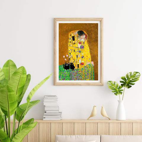 Gustav Klimt The Kiss, Love Cats Print, Unframed Printed Satin Poster