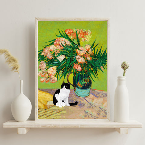 Van Gogh Oleanders Cat Print, Black & White Cat Print, Unframed Satin Poster