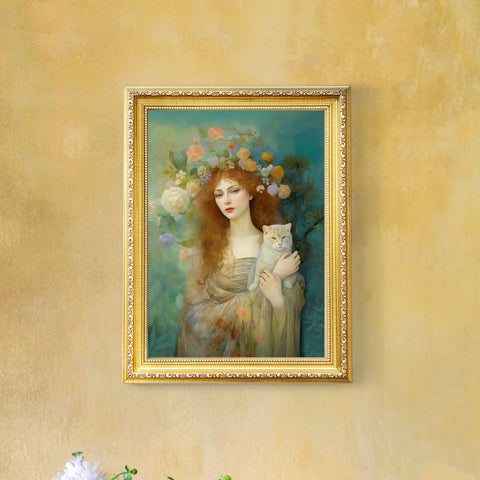 Spring's Fairy Tale, Enchanting Fairy with Her Cat, Unframed Printed Satin Poster