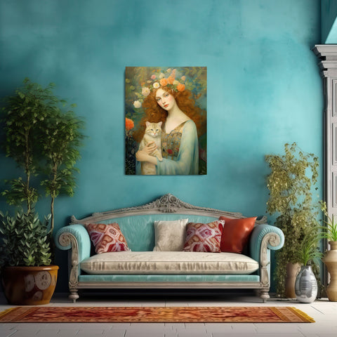 Blooming Serenity, Woman and The Cat Painting, Canvas Gallery Wraps