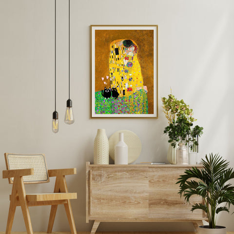 Gustav Klimt The Kiss, Love Cats Print, Unframed Printed Satin Poster