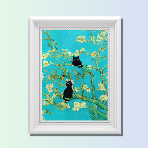 Van Gogh Almond Blossoms with Black Cats, Unframed Printed Satin Poster