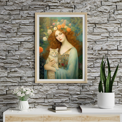 Blooming Serenity, Woman and The Cat Painting, Unframed Printed Art Poster