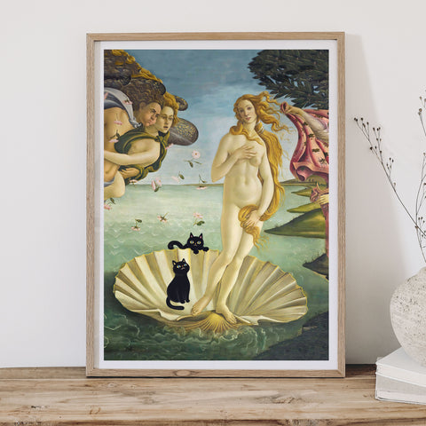 The Birth of Venus with two Black Cats, Botticelli Unframed Satin Art Poster