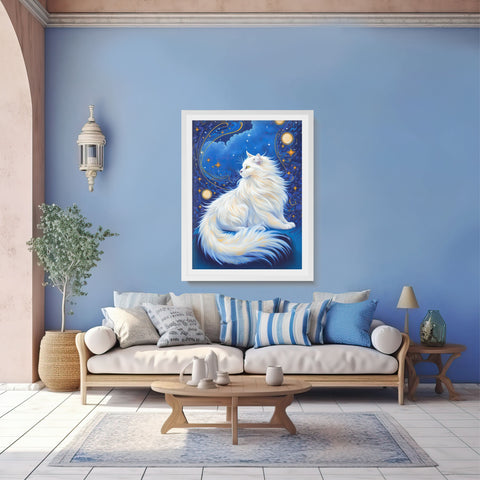 Celestial Cat at Midnight with a Starry Sky, Unframed Printed Satin Poster