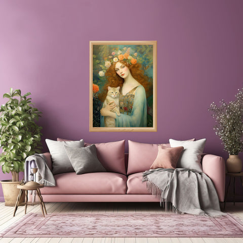 Blooming Serenity, Woman and The Cat Painting, Unframed Printed Art Poster