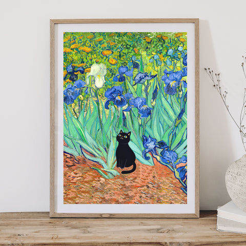 Van Gogh Irises with Cute Black Cat, Printed Satin Poster